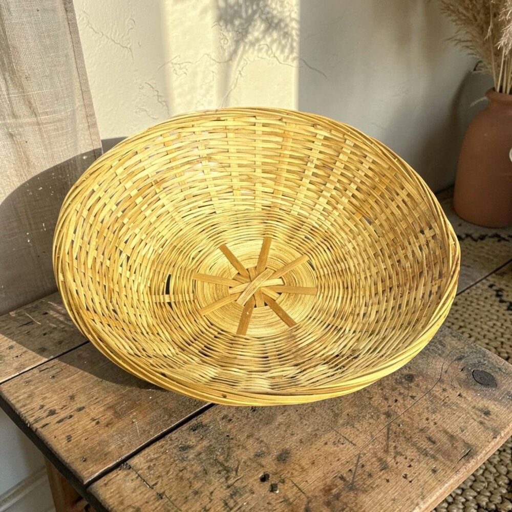 Handmade Round Beige Wicker Basket 12 in Rustic Farmhouse Decor Freestanding